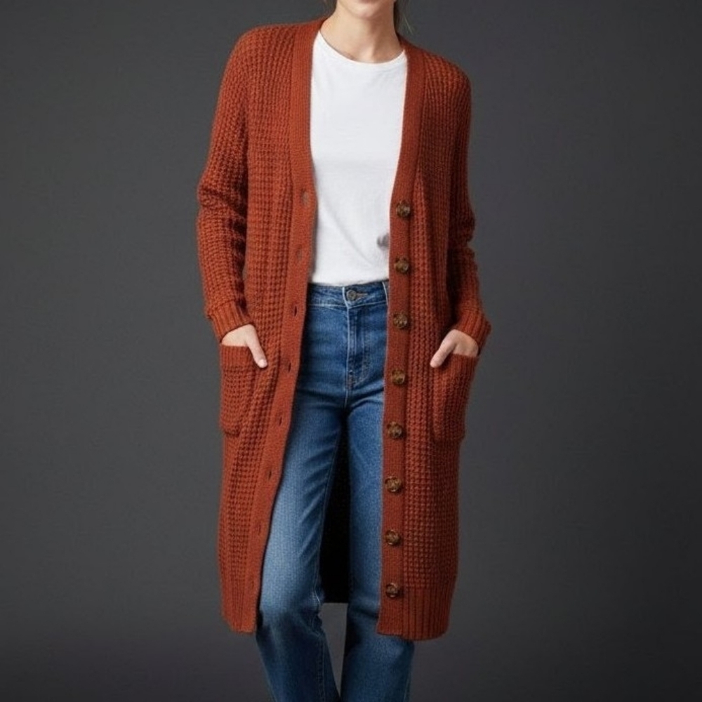 Olive & Oak Medium Cardigan Sweater Long Button Up Rust Orange Knit Pockets Boho